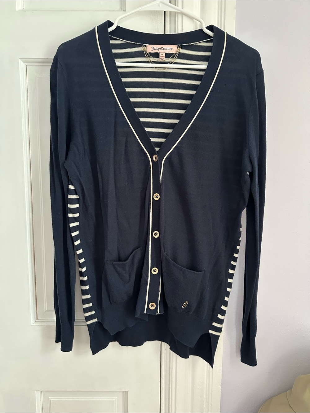 Juicy Couture Navy and White Striped V-Neck Cardigan